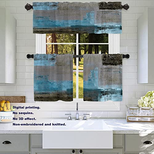 Batmerry Teal Brown Abstract Art Kitchen Tiers Window Half Valances, Blue Painting Black And Gray Abstract Contemporary Gallery Kitchen Tiers Drapes For Decor Reducing The Light,26X24 Inch Set Of 2 #TOP25