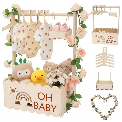 Gueiddi Baby Korb Geschenk, Babyparty Geschenk Baby korb mit Griff, Kinder Kleiderbügel, Girlande und kleine Schublade für Neugeborene Babyparty Neue Eltern (Rosa Rosenholz-Holzkiste)