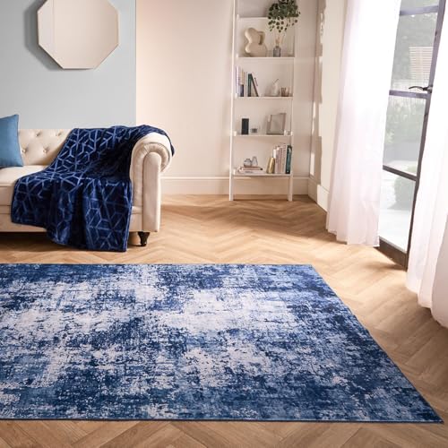 OHS Washable Living Room Rug, Soft & Comfortable Abstract Print in Rich Navy Tones, Ideal for Living Rooms, Entryways, Kitchens, 120x170cm Floor Rug - Navy
