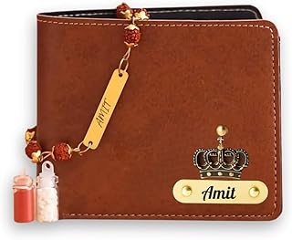 Men's Personalized Wallet with Name Rakhi. Customized Slim Stylish Leather Purse with Metal Name Plate & Charm I Rakhi for Price In India