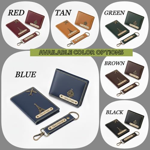 Image of Personalized Wallet, Keychain and Passport Combo | Personalized Wallet Keychain Passport Set with Name Printed Keychains Passports for Men | Customised Gift Set for Men with Name & Charm, Green