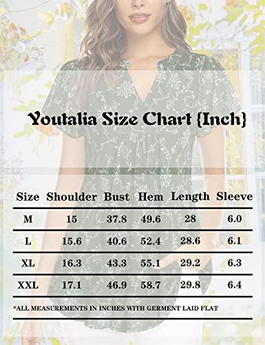 Youtalia Women Tunic Blouses, Dressy Tops For Women Short Sleeve Work Tops For Women Office Casual Elegant Summer Floral V Neck Double Layers Tunic Tops Long Shirts Peasant Blouse Pleated Front Sheer #TOP5