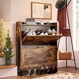 Shoe Storage Cabinet for Entryway with 2 Flip Drawers Freestanding Organizer with Metal Legs Narrow Shoe Rack Cabinet Rustic Brown
