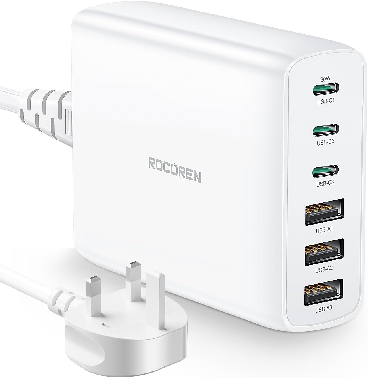 Rocoren USB Charging Station 100W, 6-Ports Multi Charger Hub, PD3.0 QC4.0 PPS Fast Charging Station with 1.5m UK Extension Cord Compatible with MacBook Air, iPhone 15, iPad Pro, Galaxy S24, Huawei