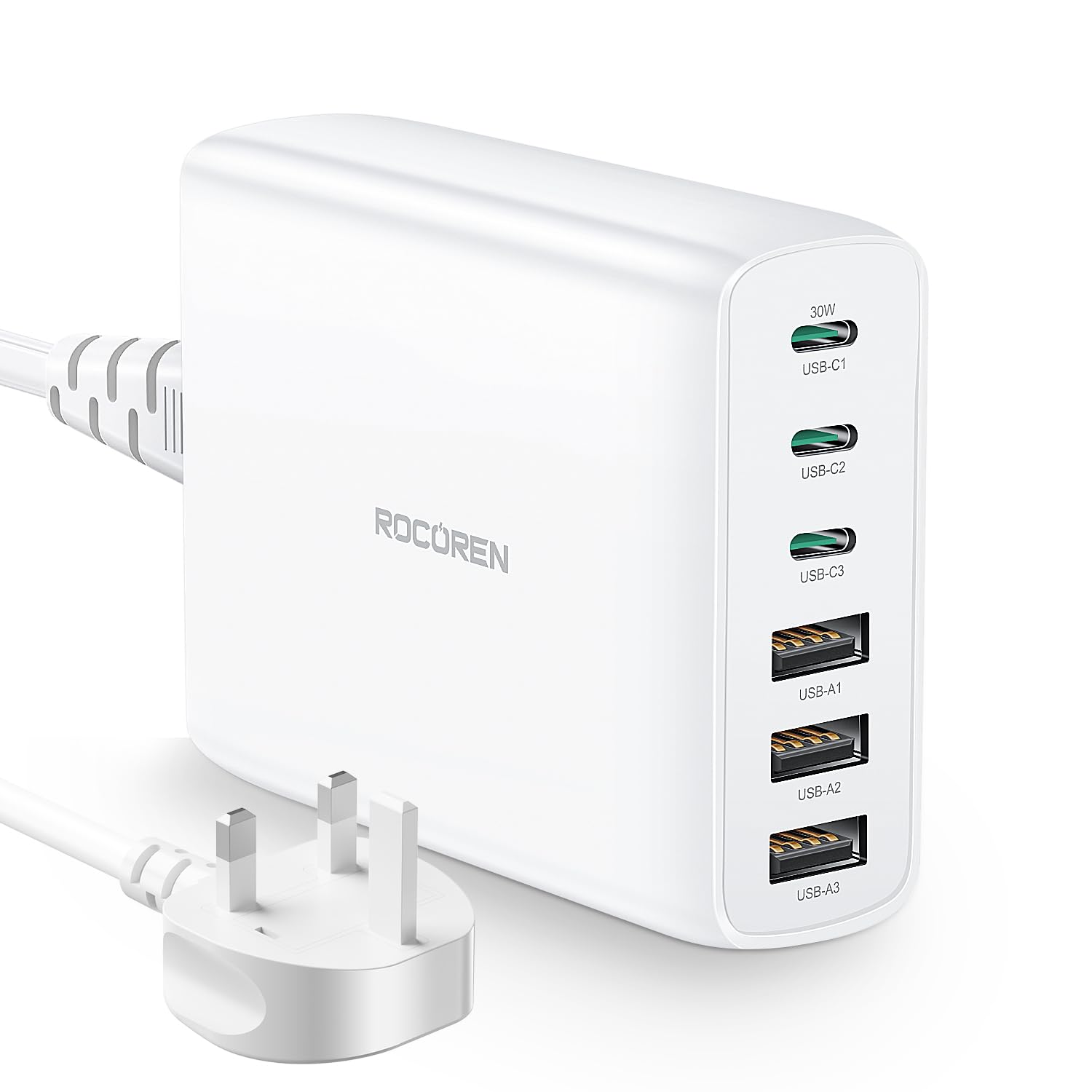 RocorenUSB Charging Station 100W, 6-Ports Multi Charger Hub, PD3.0 QC4.0 PPS Fast Charging Station with 1.5m UK Extension Cord Compatible with MacBook Air, iPhone 15, iPad Pro, Galaxy S24, Huawei