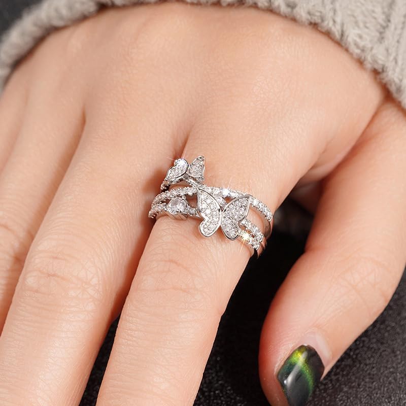JerMrasra 14k White 925 Sterling Silver Butterfly Multi-Layer Design Ring for Women, Cubic Zirconia Promise Rings for Her, Stackable Wedding Bands Rings for Women Infinity Forever Ring 8 image 3