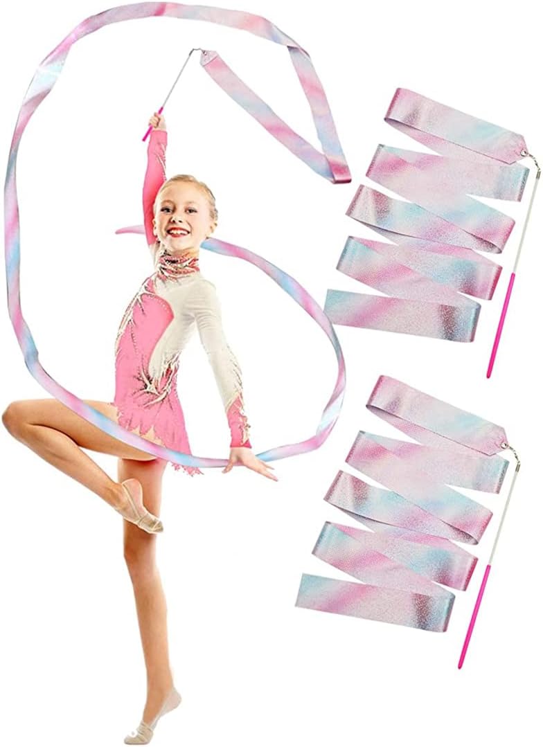 HASTHIP® 2-Pack Sports Ribbons with Sticks, Dance Belts with Bar Kids 2m, Rhythmic Gymnastics Belts, Dance Gymnastics Belts, Dance Belts, Rainbow Swing Belts, Spin Belts, Kids Gymnastics Belts