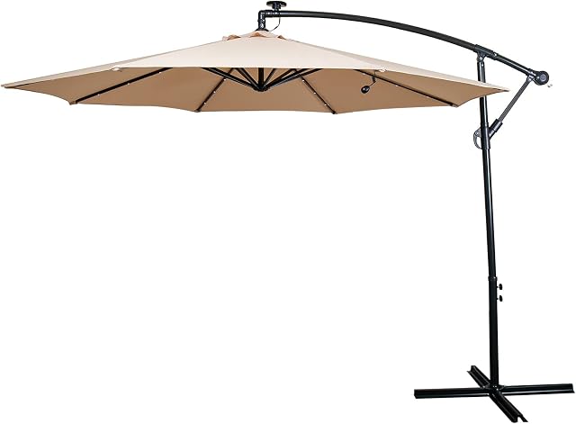JOINATRE 3m Cantilever Parasol with LED Lights, Garden Parasol with 8 Sturdy Ribs, Patio Umbrella Cantilever with Heavy Duty Cross Bases, Outdoor Sunshade Parasol