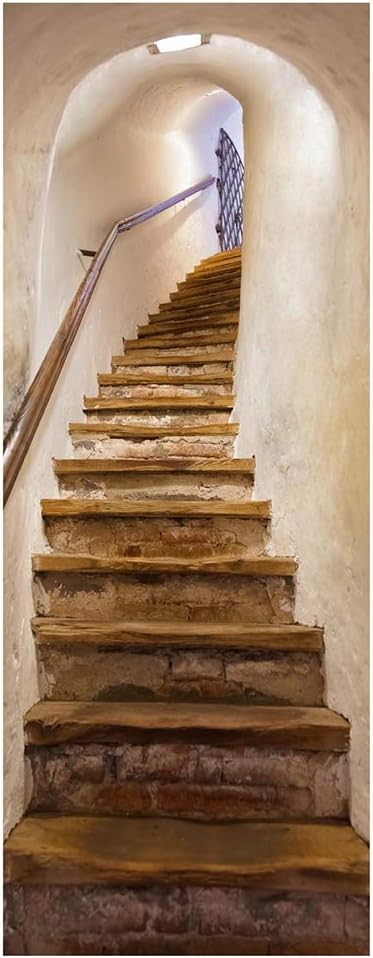 Czqlcyl 3D Door Sticker - Rotating Stairs Door Poster Self-adhesive Wood Door Wallpaper