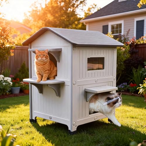 Niche pour chat extérieur à deux étages avec balcon, lit pour chat à deux étages en plastique résistant aux intempéries, abri pour chat sauvage avec...