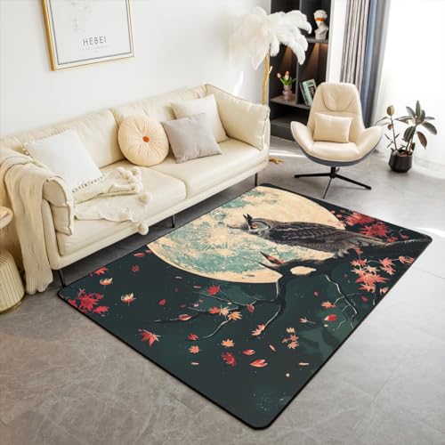 Enfants Owl 100x150 Tapis Intérieur et Extérieur Adolescents,Wildlife 3D Hibou Tapis Sol,Rouge Maple Leaf Galaxy Moon Tapis Salon,Woodland Safari Décoration...