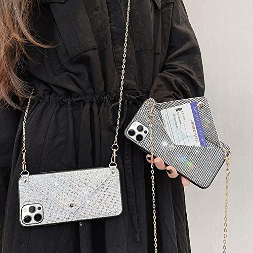Omorro For Iphone 14 Plus Bling Case, Glitter Diamond Sequins Case Small Credit Card Cash Holder Wallet Case With Shiny Crossbody Chain Hard Pc Back Protective Girly Stand Case White #TOP5