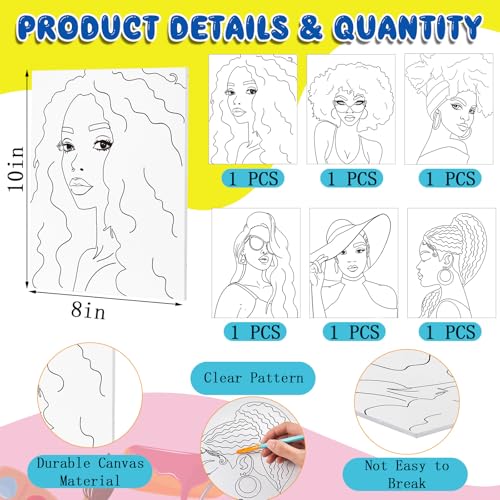 Affrolling 6 Sets Sip and Paint Kit Pre Drawn Canvas Painting Set Pre Drawn Stretch Canvas Kit for Painting(Afro Girl)