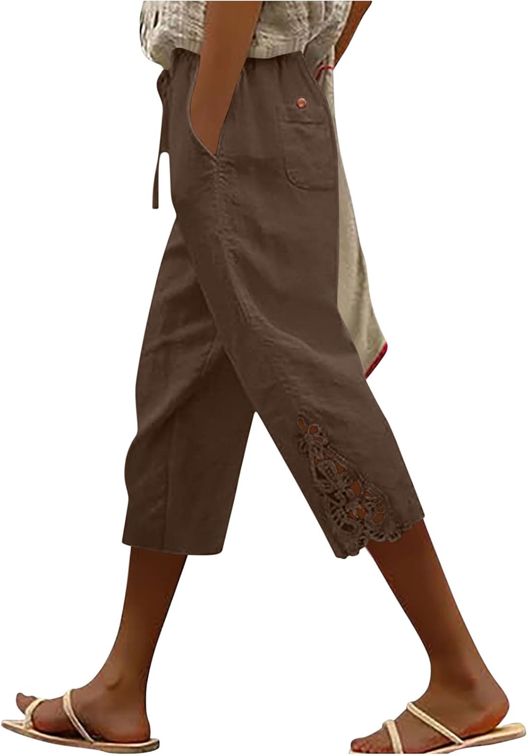 Womens Cotton Linen Capri Pants with Lace Trim Casual Summer Lightweight Drawstring Elastic Waist Pants with Pocket