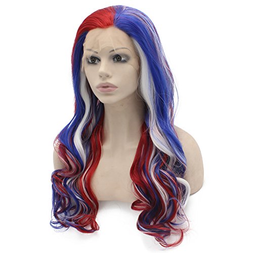 Miniatura 2 de Mxangel Peluca larga ondulada con encaje frontal azul, rojo y blanco, mezcla colorida para fiesta de cosplay