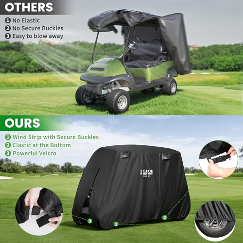 Image of 10L0L 4 Passenger Golf Cart Cover Fits EZGO, Club Car and Yamaha, 400D Waterproof with Extra PVC Coating Sunproof Dustproof Black Army Green