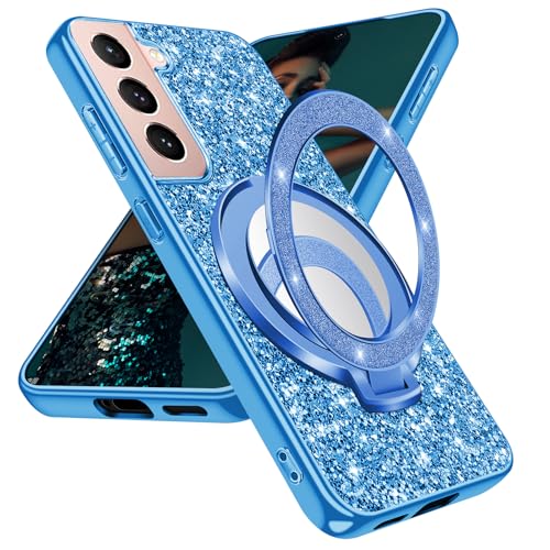 Coque Samsung S22 5G paillettes bleue avec anneau support anti-chocs Fiyer