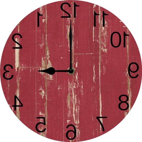 Vdenvileye Counterclockwise Wall Clock Reverse Wall Clock Backwards Running Time Mirrored Wooden Clocks Funny Gift for Man Cave Garage Decor Farmhouse Home Decoration 25 CM Silent Battery Operated