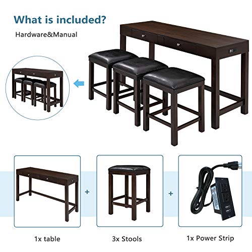 Harper & Bright Designs 4-Piece Counter Height Table Set With 2 Drawers And Socket, Mulitpurpose Rustic Bar Dining Table Set With 3 Leather Padded Stools (Espresso) #TOP5