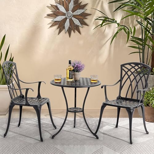 Image of NUU GARDEN 3 Piece Patio Bistro Set, Cast Aluminum Patio Bistro Table and Chairs Set of 2 with Umbrella Hole, Outdoor Bistro Set for Patio or Backyard, Black