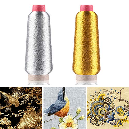 2 Pack Gold & Silver Embroidery Thread Sewing Machine Thread, Cross-Stitch Thread Line Textile Metallic Yarn Woven Line for Embroidery and Decorative Sewing, 3000M/3280 Yards Per Spool - Thumbnail 7