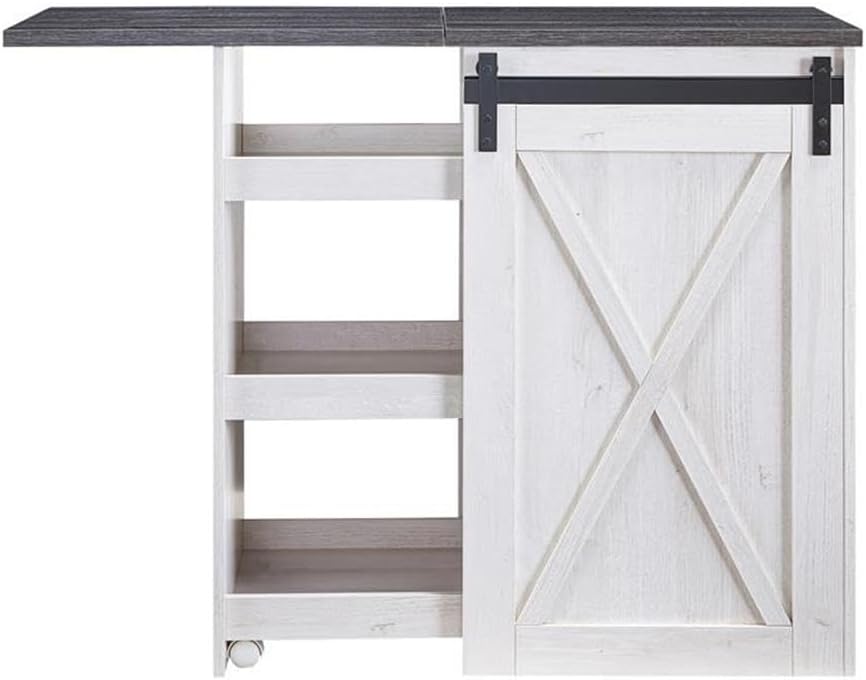 BOWERY HILL Transitional Wood Expandable Home Bar, White Oak and Distressed Gray Finish, MDF Particle Board, Rugged Black Metal Accents, Adjustable Width 23.25-45.75 in for Kitchen or Dining Room Use