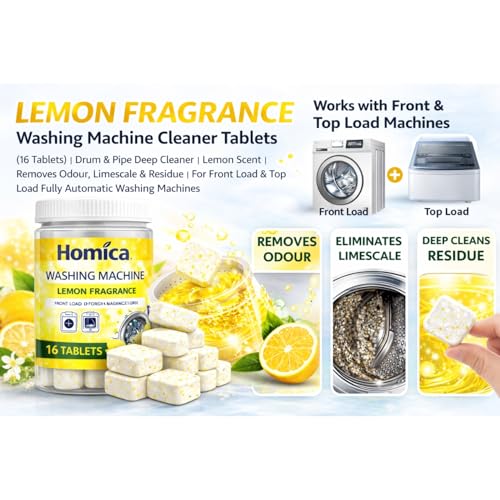 Image of Washing Machine Cleaner Tablets (16 Tablets) | Drum & Pipe Deep Cleaner |Removes Odour, Limescale & Residue | For Front Load & Top Load Fully Automatic Washing Machines | Lemon Scent (Lemon)