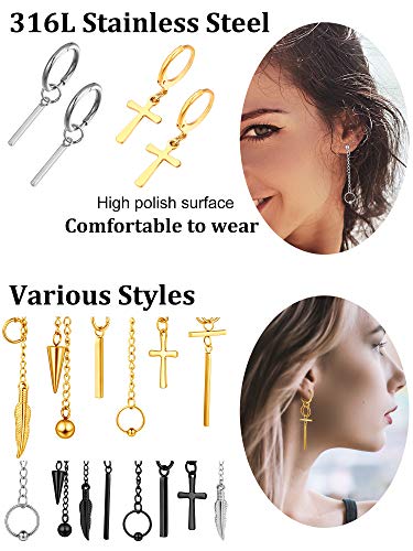 Hicarer 18 Pcs Men Dangle Hanging Earrings Hinged Dangle Stainless Steel Huggie Hoop Long Chain Pendant with Feather Leaf Bar Black Gold Silver3