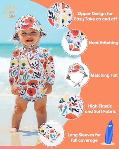 babygoal Infant Baby Girl One-Piece Swimsuit Long Sleeve Rash Guard with Hat for UPF 50+ Sun Protection4