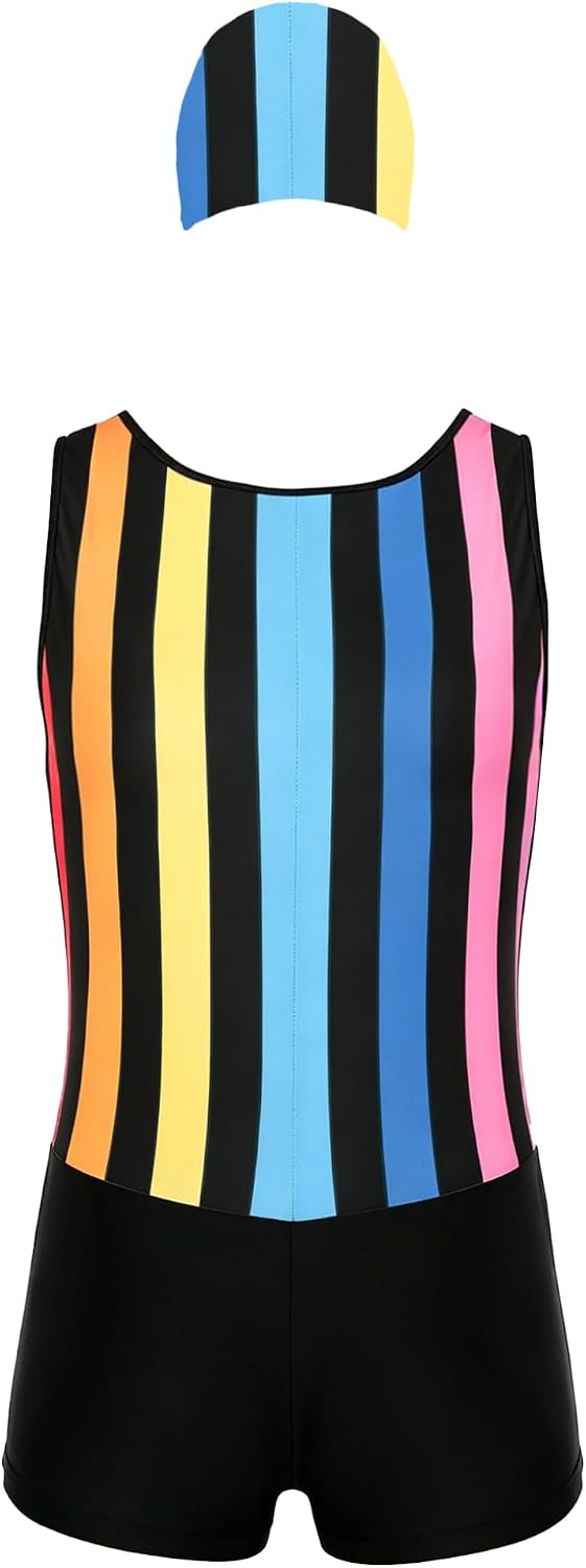 Freebily Gym Jumpsuit for Men One Piece Tights 2 Pcs Set Muscle Tight Striped Print Swimsuit