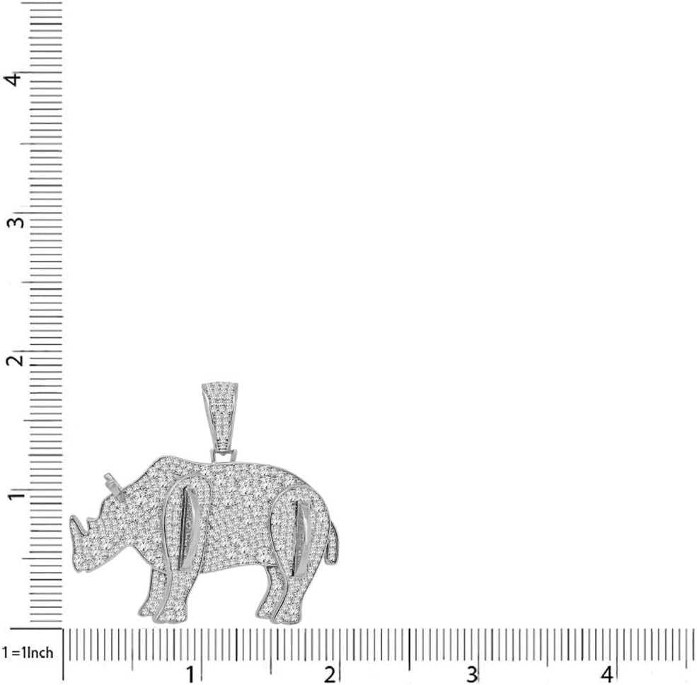 32+ Grams Real Genuine Authentic Italian Sterling Silver VVS1D 3.85 Ctw. Simulated Diamonds 14K Gold Finish Rhino Charm Rhinoceros Pendant Free Chain Neckless