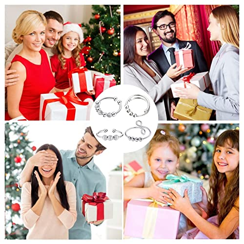 Steemjoey 4Pcs Silber Fidget Angst Ringe Set, Zappelringe Verstellbare Fingerringe, Bead Ring Offene Anxiety Ring mit Perlen, Band Ring für Damen Herren Anti Stress Ängstlichkeit Entlastung