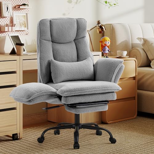 Image of Office Chair,Big and Tall Heavy-Duty Executive Reclining Computer Gaming Chair with Footrest,Flip Armrests,Lumbar Pillow&Thicken Wider Seat for Criss Cross Legged Desk Vanity Chair,Teddy Fabric Grey