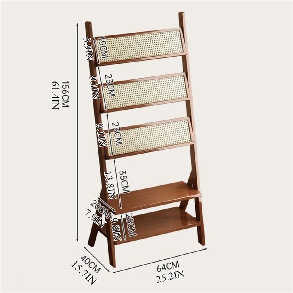 5-Tier Wooden Ladder Shelves with Rattan-Like Design Large Capacity Book Shelf Open Display Floor Magazine Stand for Living Room Practical(Brown)