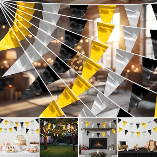 Image of 32.8FT Black Gold Silver Glitter Triangle Pennant Banner Flag Metallic Bunting Outdoor Garland for Christmas Wall Hanging,Graduation, New Years Decorations,Father' Da Decorations Party Decor