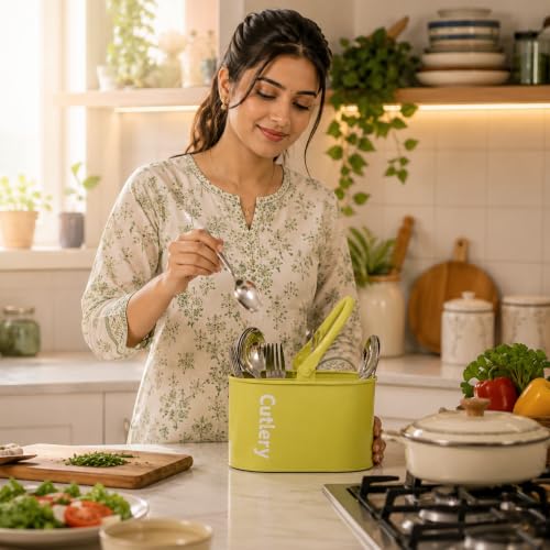 Image of MARKET 99 Galvanised Iron Mint Green Oval Cutlery Holder with Matte Finish | Knife and Fork Holder for Kitchen | Cutlery Stand | Dining Utensil Rack for Dining Table
