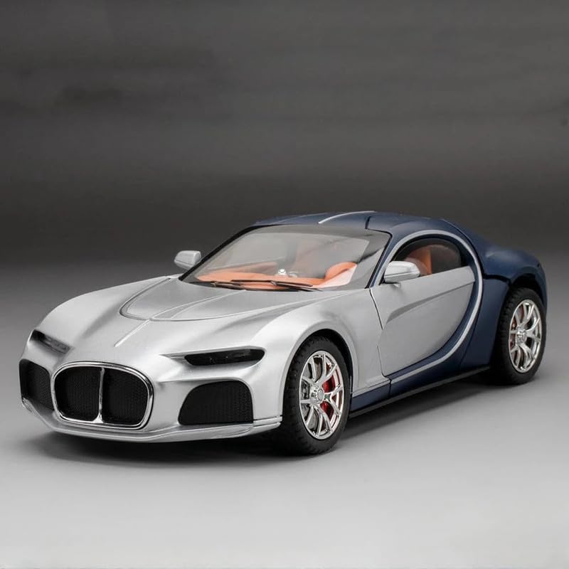 Image of Kids Model 1:24 Bugatti Atlantic Die Cast Metal Car Pull Back Action Opening Doors with Realistic Engine Sound Lights Toy Car Gift for Boys - Silver Black