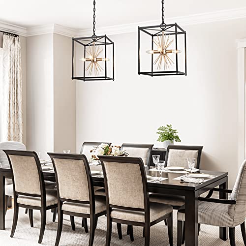 Optimant Lighting Black And Gold Chandelier, 4-Light Mid Century Modern Sputnik Pendant Lighting Fixture, Square Chandelier For Kitchen Island, Dining Room, Foyer, Entryway, Bedroom, 12” #TOP3