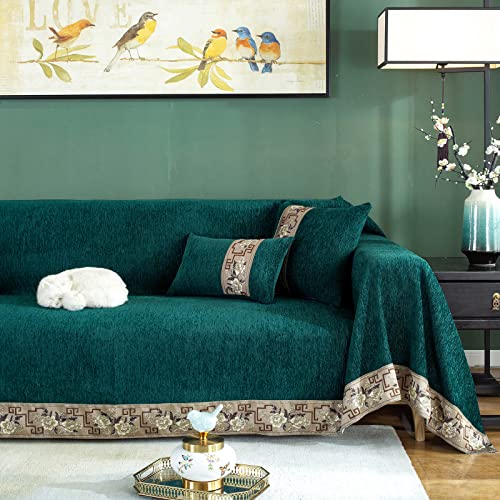 Dreamingo Sofa Covers For 3 Cushion Couch Sofa Universal Furniture Protector Chenille Couch Cover For Dogs Cats Solid Luxury Jacquard Edge Couch Covers Sectional L Shaped (Xx-Large, Green) #TOP1