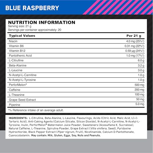 Optimum Nutrition Gold Standard Polvo Avanzado Pre Entrenamiento, Energy Booster con L-Citrulina, Beta Alanina, Cafeína y Vitaminas B12 y B6, Sabor Frambuesa Azul, 20 Porciones, 420 g