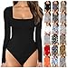 Long Sleeve Bodysuit Tops for Women Tummy Control Jumpsuit Square Neck Rompers Yoga Tops Solid Leopard Shapewear
