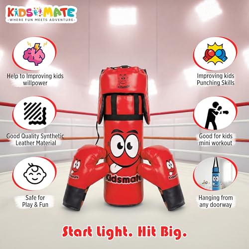 Image of Kidsmate Boxing Kit for Kids of Age 3-8 Yrs | Safe Synthetic Leather Punching Bag with Gloves Set | Boxing Set for Karate Training & Punch Practice | Playful Fitness Activity for Boys & Girls (Red)