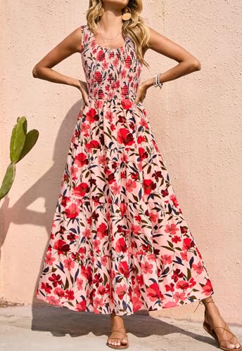 PRETTYGARDEN Smocked Tank Floral Maxi Dresses for Women 2025 Wedding Guest Dress Sleeveless Flowy Long Sundress with Pockets3