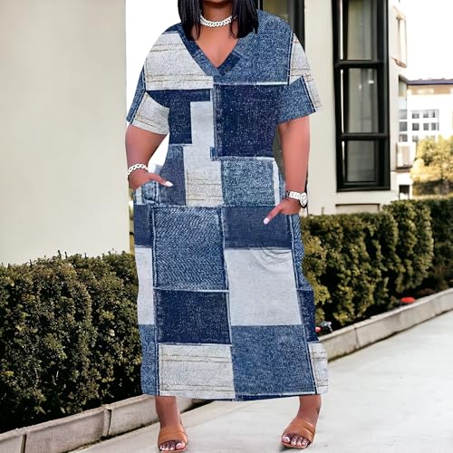 Image of SUZONANA Plus Size Denim Print Shirt Maxi Dresses for Curvy Women Casual Blue Jean Summer Outfits Long Short Sleeve Dress with Pockets Patchwork XL