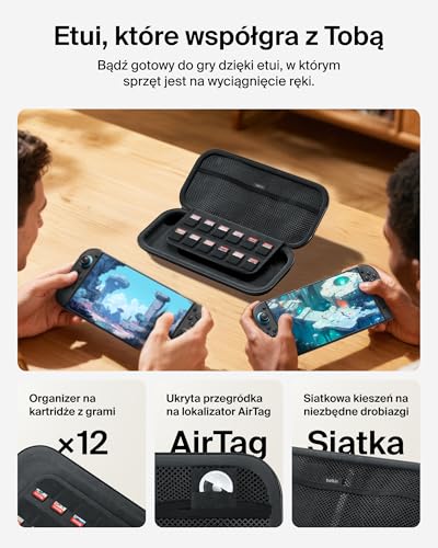 Etui podróżne Belkin Nintendo Switch 2 z uchwytem AirTag i kieszenią na kartridże z grą – lekka, twarda obudowa z miękką wyściółką, podróżowanie podczas grania – antracyt