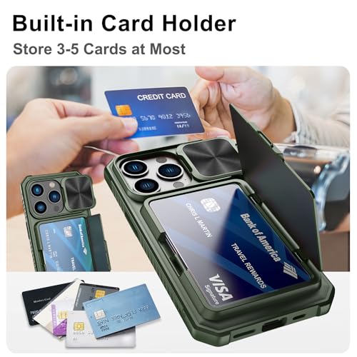 BXYJY for iPhone 15 Pro Case Wallet with Card Holder (4-5 Cards) & Slide Lens Cover & Kickstand, Military Grade Drop Protection Rugged Shockproof Protective Case for iPhone 15 Pro 5G 6.1\" 2023, Green