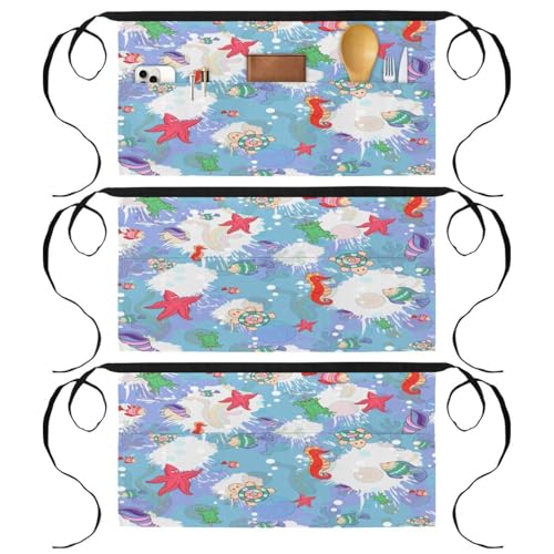 Lot de 3 tabliers courts vie marine avec 3 poches pour cuisine et bar 60x30.5cm