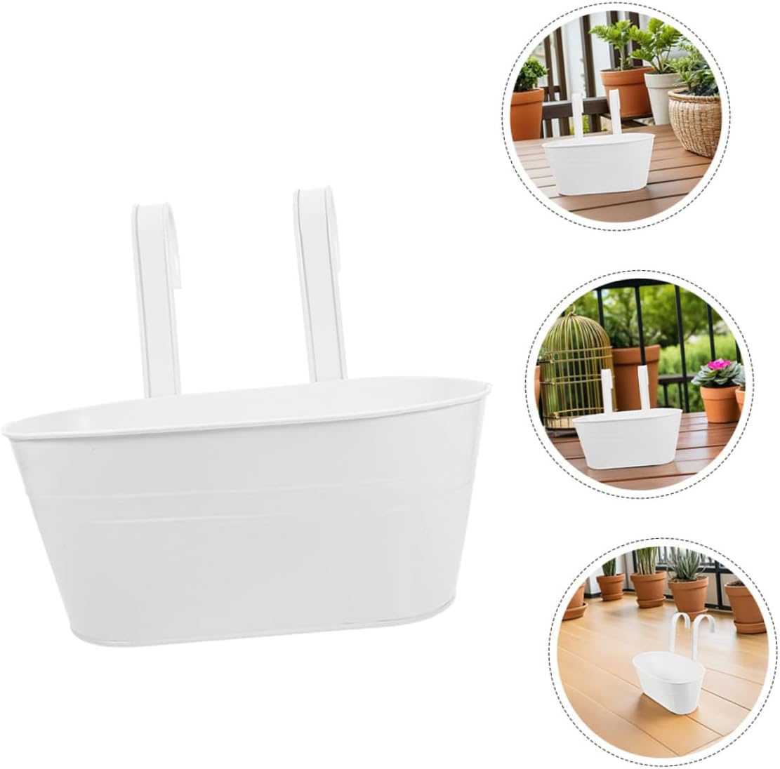 3pcs White Wrought Iron Hanging Flower Pots with Detachable Handles 27x14.5cm Metal Planter Buckets for Balcony Railing Outdoor Garden Patio