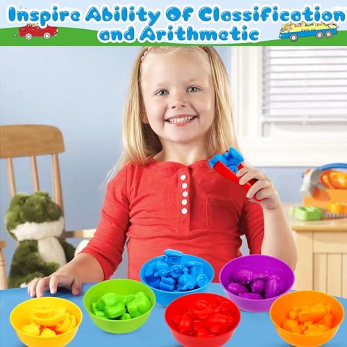 Image of Counting Transport Matching Game Color Sorting Toys with Bowls Montessori STEM Sensory Training Early Educational Preschool Learning Toy Gift for Toddlers Kids Ages 3 4 5 6 (Transport)