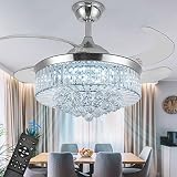 Panghuhu88 42' Invisible Ceiling Fan Chandelier Light,Modern Crystal Ceiling Fan Light Remote Control 4 Retractable ABS Blades for Bedroom Living Room Dining Room Decoration
